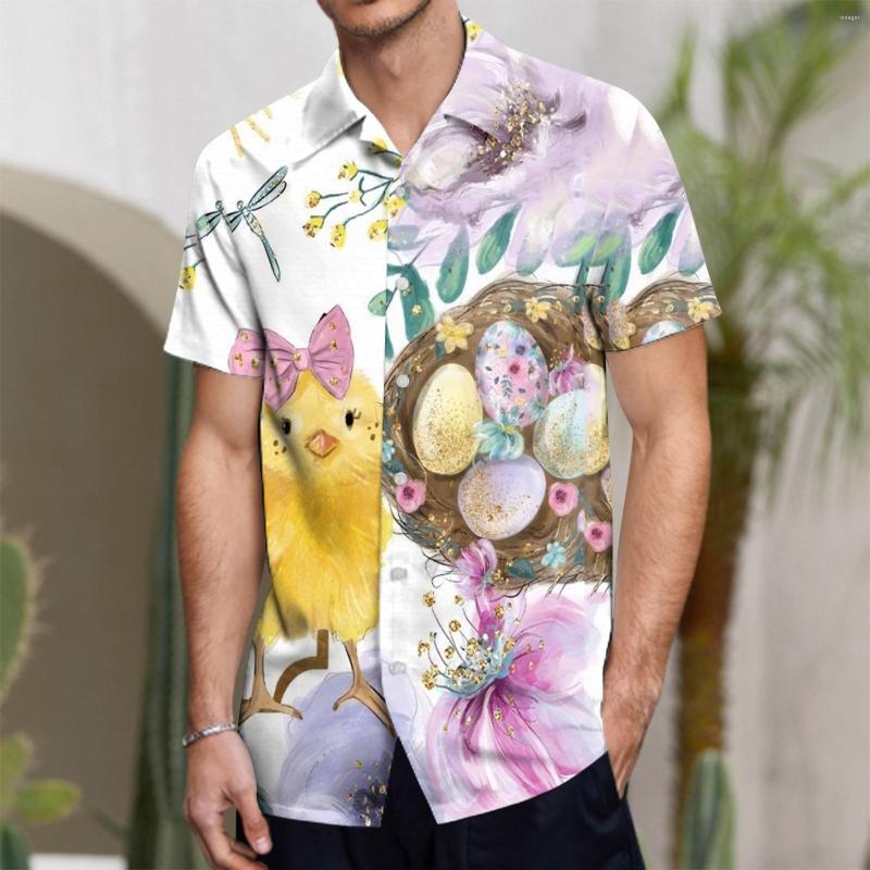 

Men's T Shirts Mens Fashion Casual Easter 3D Digital Printing Button Lapel Short Slim Fit Beach Art Print Camisa Retro, Hot pink