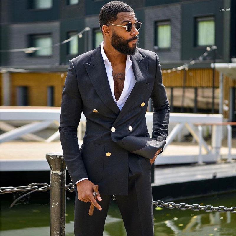 

Men's Suits Black Men's Suit Peaked Lapel For Wedding Blazers Two Pieces Male Tuxedos Double Breasted Groom Wear Prom Jackets With, Navy blue