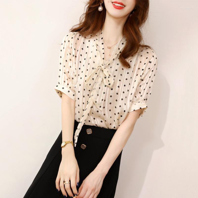 

Women' Blouses Blouse For Women Elegant Casual Button Short Sleeve Floral Blusas Office Lady Shirts Female Chiffon Mujer De Tops, Ivory