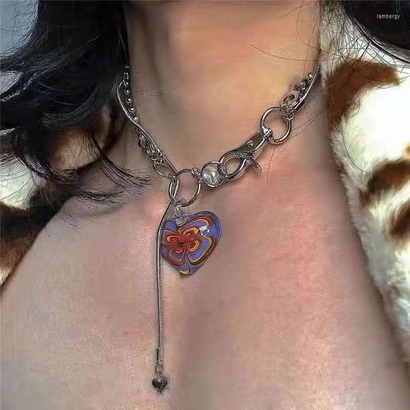 

Chains 2023 Retro Exaggerated Personality Super Large Colorful Glass Pearl Love Pendant Girl Hip Hop Collar Chain