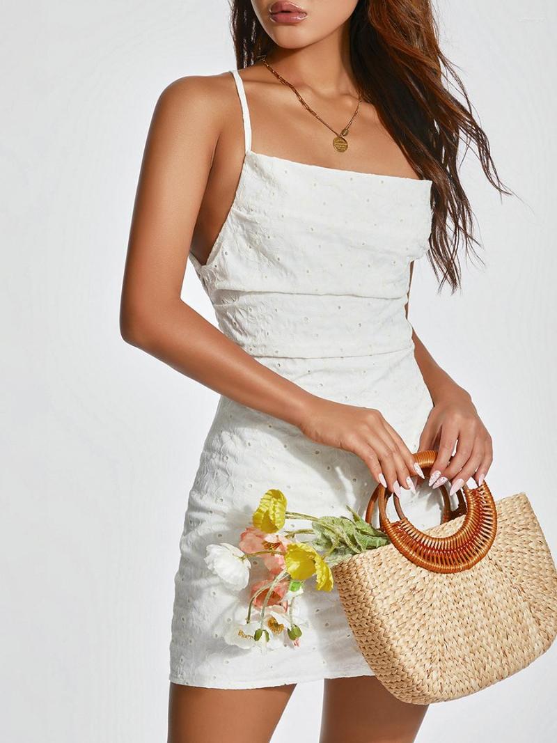 

Casual Dresses Wsevypo Flower Hollowed White Bodycon Mini Dress For Women Chic Summer Backless Cross Bandage Suspender Slit Beach