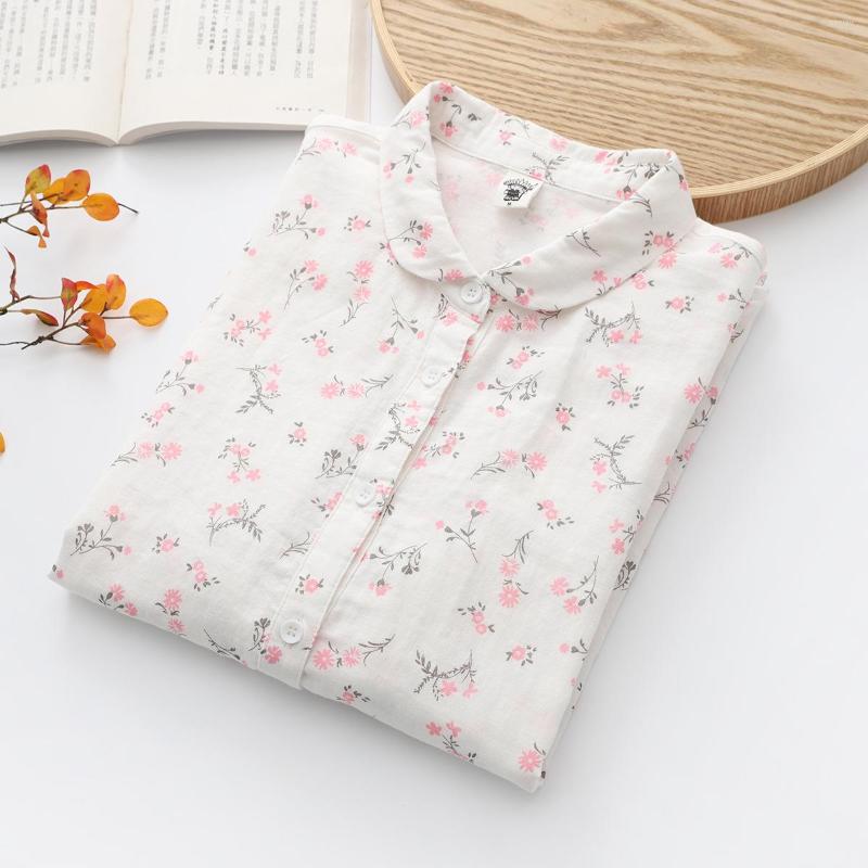 

Women's Blouses Women White Shirts Cotton Yarn Floral Print Long Sleeve Pink Flower Lady Tops Casual Female Clothes Autumn S