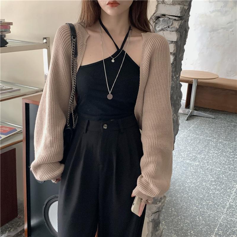 

Women's Knits Retro Loose Knitted Shawl Korean Style Women Cropped Knit Cardigan 2023 Autumn High Street Long Sleeves Crop Top, Black