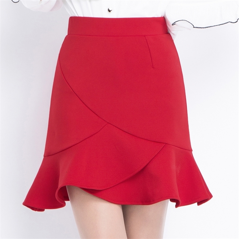 

Skirts Women' Knitted Skirt Red Korean Style Short Hip Skirt Urban OL Style High Waist Ruffled Chic Fishtail Skirt 230414, Black