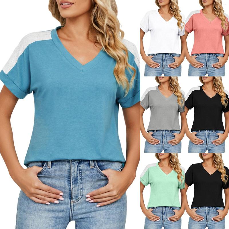 

Women' Blouses Personality Design Color Patchwork Short Sleeve V Neck T Shirt Loose Top, Green