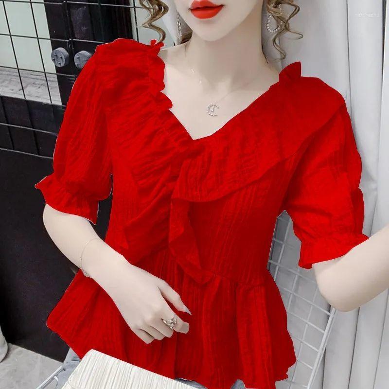 

Women's Blouses Fashion V-Neck Solid Color Ruffles Blouse Women Clothing 2023 Summer Casual Pullovers Short Sleeve Office Lady Shirt, Beige