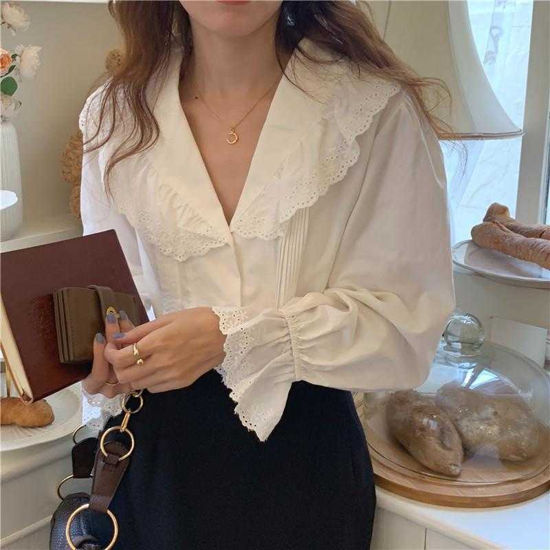 

Korean Style Blouses Spring French Lace Stitching Large Lapel Loose Solid Color, White2