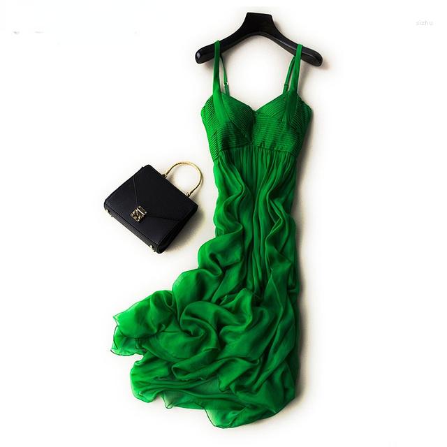 

Casual Dresses Silk Sundress Summer Maxi Bohemian Beach Outfits For Women Vintage Slip Dress Ladies Elegant Vestidos, Green