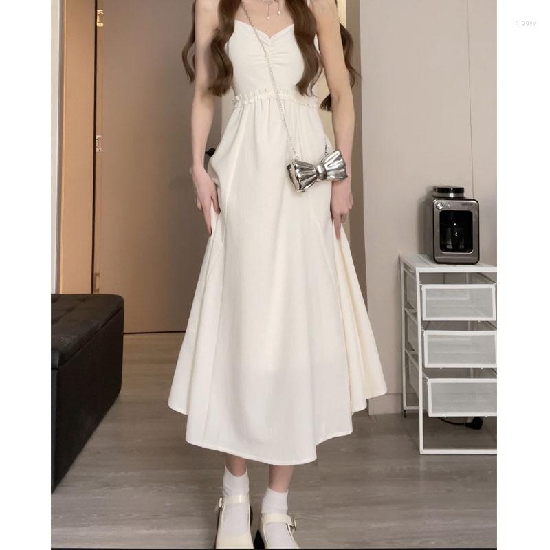 

Casual Dresses White Long Summer Ballet A-line Dress Small High Waist V-Neck Strap Women's Fashion