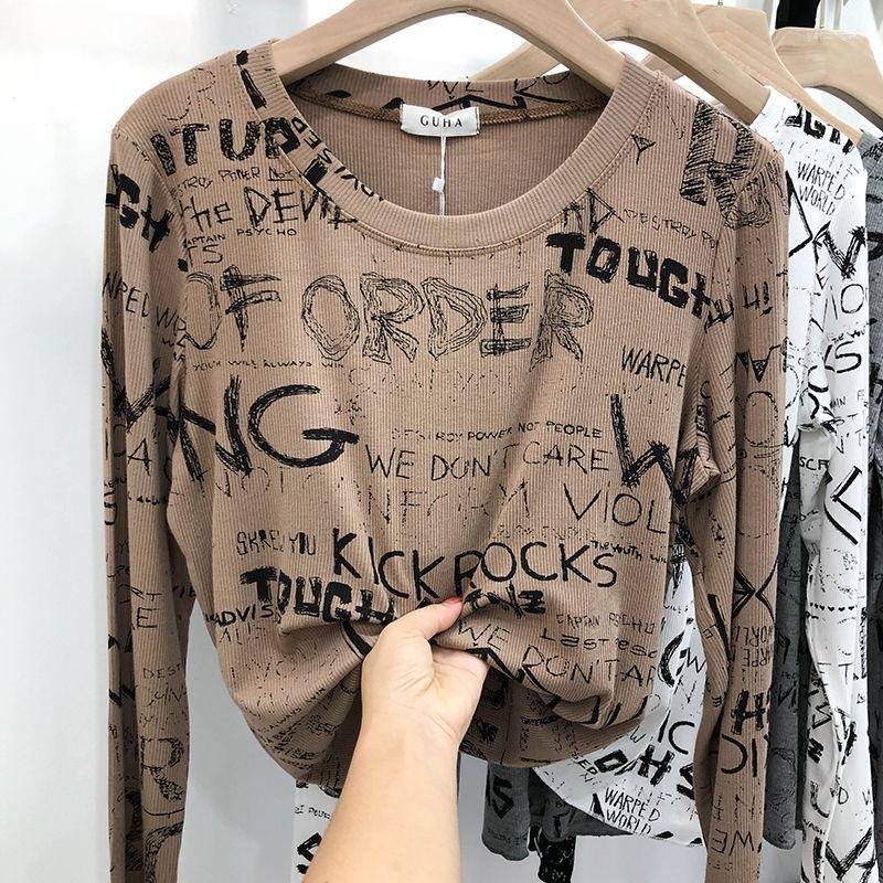 

Women' T Shirts EWSFV 2023 Autumn Arrive Women Printed Letter Crew Neck Long-Sleeved T-shirt 2-colors Base Ride Thread Stretch Slim, Black