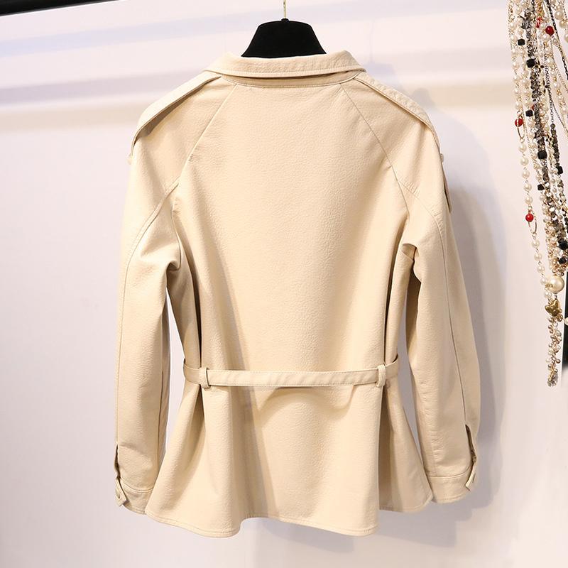 

Women' Jackets Leather Pu Trench Coat Women Autumn Belt Elegant Office Lady Jacket Single Breasted Short Full Sleeve Windbreaker Female, As photos