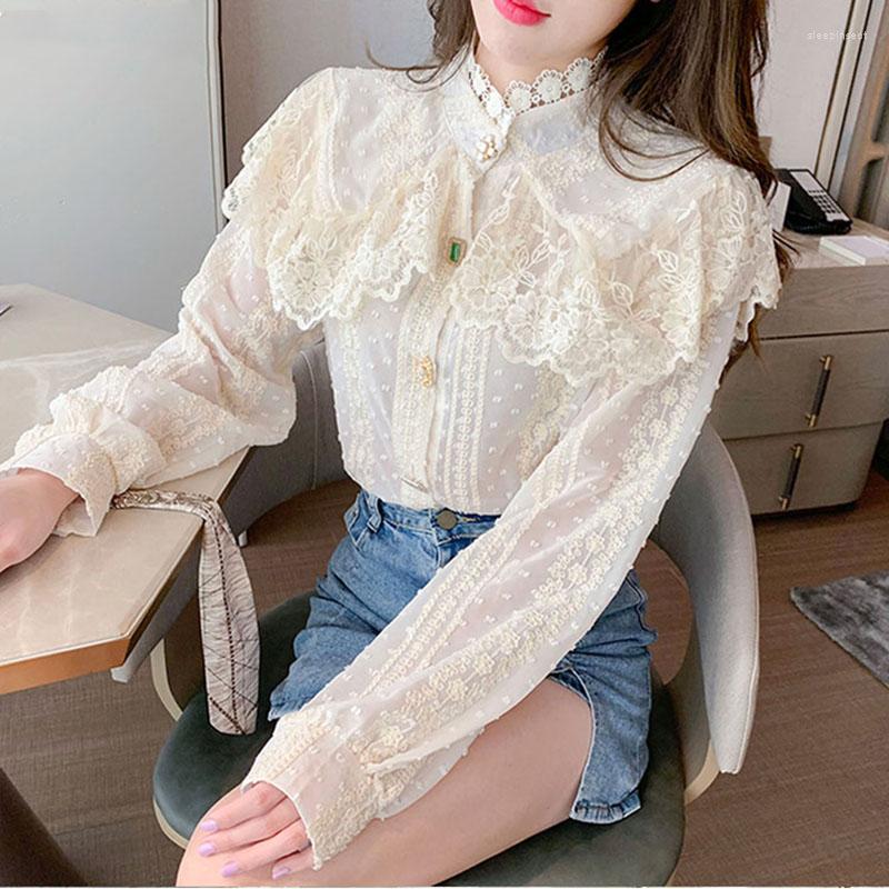

Women' Blouses Spring Long Sleeve Lace Chiffon Blouse French Ruffle Elegant Women Shirts Crochet Stand Collar 2023 Loose Top Female, White
