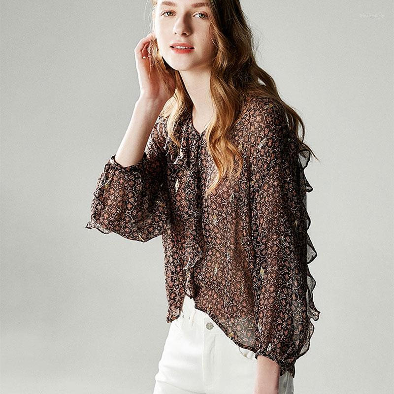 

Women's Blouses 2023 Elegant Ruffled Retro Small Fresh Floral Silk Print Top Spring