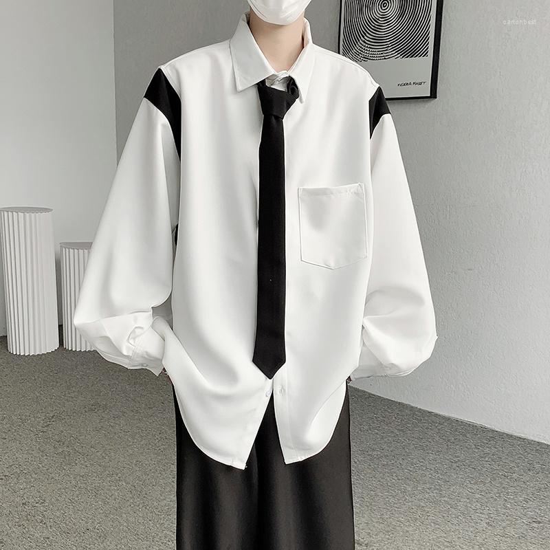 

Men's Dress Shirts Tie Long Sleeve Shirt Men Fashion Society Mens Korean Loose White Ice Silk Oversized Formal -3XL, Tie shirt