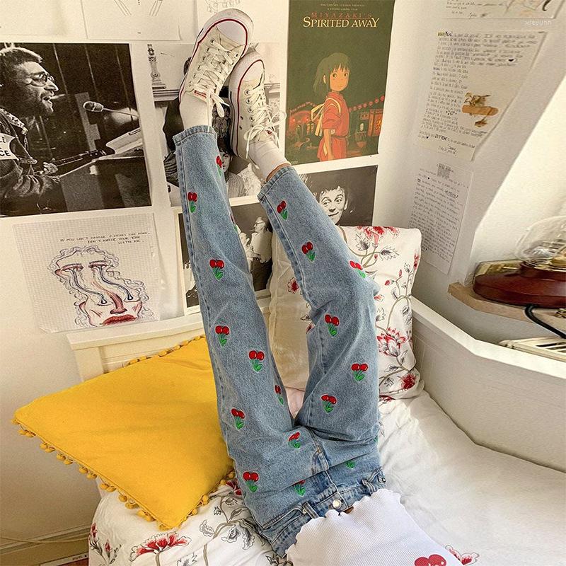 

Women's Pants SEASONS Cherry Embroidery Blue Denim Women Casual Sweat High Waist Jeans Long Trousers Skinny Pocket Joggers ASPA81758