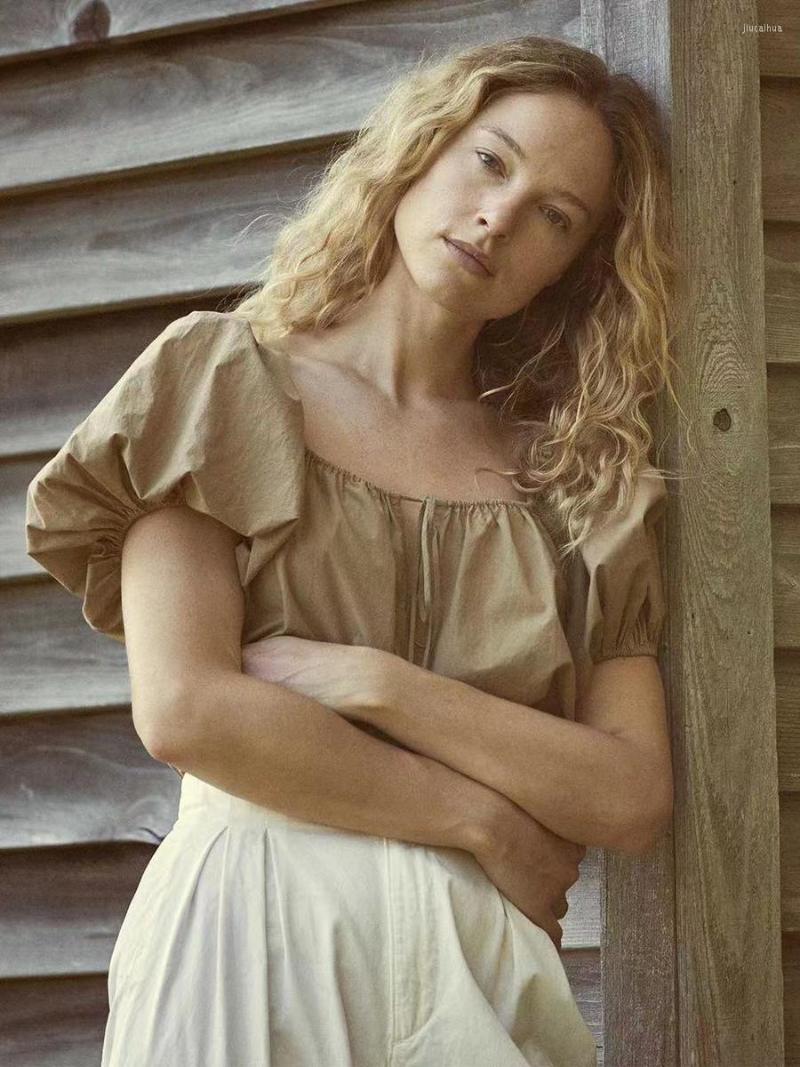 

Women's Blouses Solid Drawstring Vintage Blouse Summer Women Square Collar Puff Sleeve Folds Short Femme Elegant Casual Shirts Top 2023, White