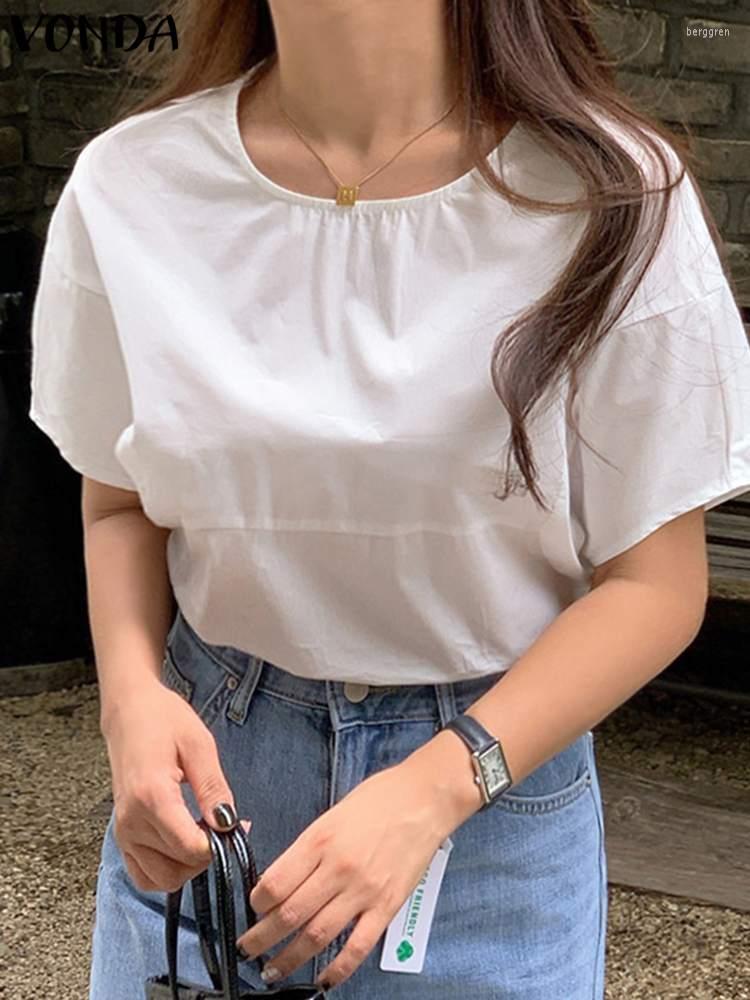 

Women' Blouses Women Shirts VONDA 2023 Summer Loose Short Sleeve Tunic Tops Casual Solid Color Blouse O-Neck Fashion Chic Femininas, Brown