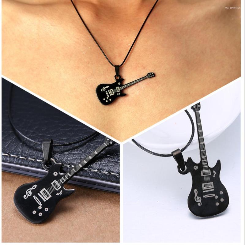 

Pendant Necklaces Fashion Stainless Steel Guitar Necklace For Men Pendants Leather Chain