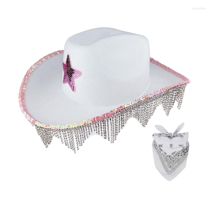 

Berets Elegant Cowgirl Hat With Sequin Star Pattern Bride Wedding Po Kerchief Tassel Brim Sun-protection, White