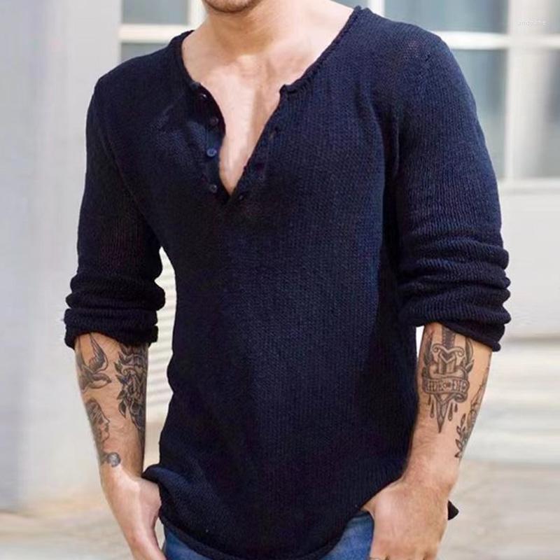 

Men' T Shirts Fashion V Neck Button Knitted Men 2023 Spring Solid Bottoming Tees Shirt Autumn Long Sleeve Streetwear Tops Man Clothes, Black