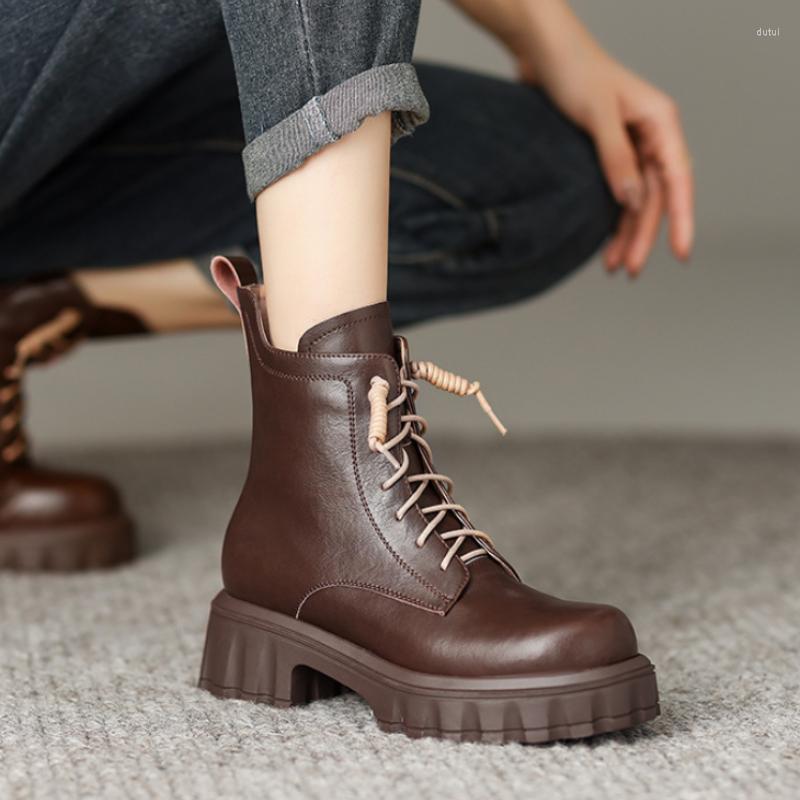 

Boots Women Leather Snow Winter Brown Wedge Heel Ankle Punk Lace Round Head 2023