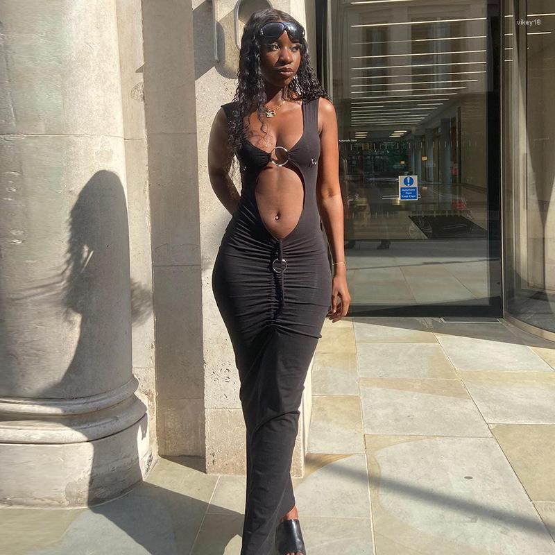 

Casual Dresses Hirigin Women Fashion Black Sleeveless Hollow Out Metal Loop Draped Sexy Long Dress Summer Slim Party Halloween Outfit