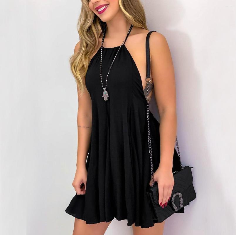 

Casual Dresses Sexy Women Summer Sleeveless Backless A-Line Dress Patchwork Design Halter Solid Color Slim Pullovers Mini For Streetwear, Black