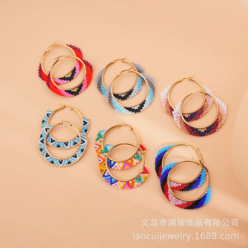 

Dangle Earrings Fringed Hand Woven Big Circle Fashion Originality Personality Versatile Beading Bohemia Rice Bead