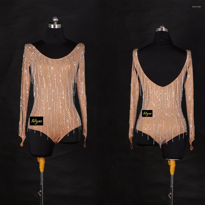 

Stage Wear Ladies Latin Dance Dress Rhinestone Skin Color Skirts For Women Professional Chacha Ballroom Dancing Dresses 1049