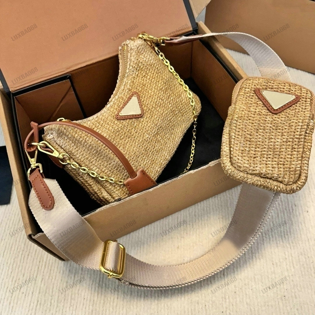 

Raffia Re-Edition 2005 Chain Shoulder bag Black Natural Tan Luxurys Straw Crossbody Designer Nylon 2 Sets Women's Hobo bag With Purse, #1