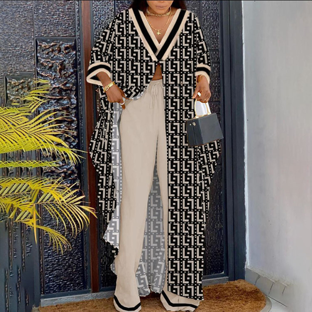 

Women' Two Piece Pants Women Fashion Printing Set Spring Single-button Long Split Top Wide Leg Female Casual V-neck Loose 2 Suit 230414, Yellow