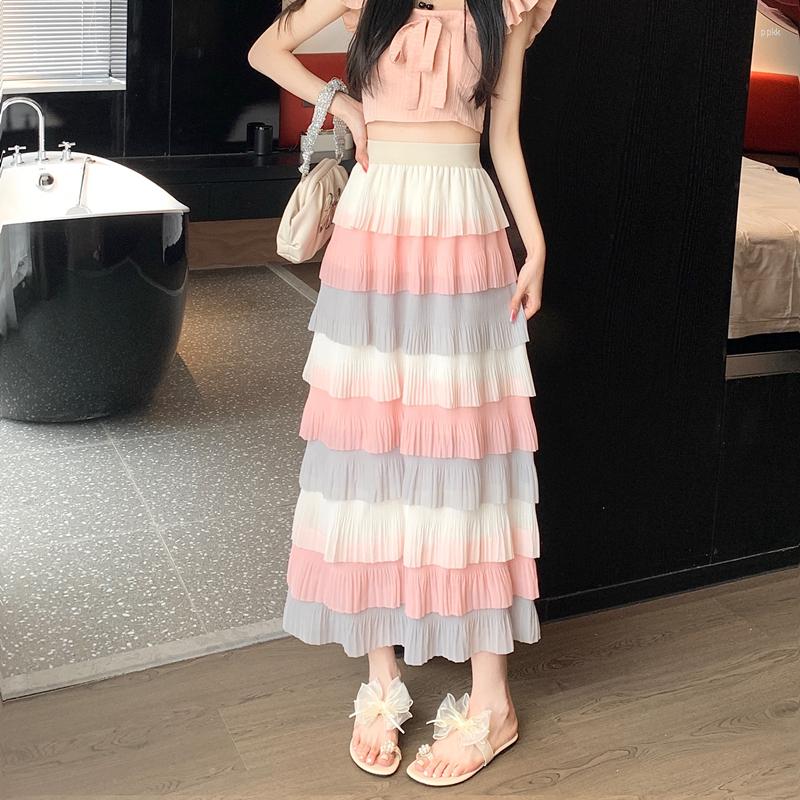 

Skirts Contrast Striped Tiered Long Skirt For Women 2023 Spring Summer Korean Sweet Chiffon High Waist Pleated Maxi Female, Picture shown