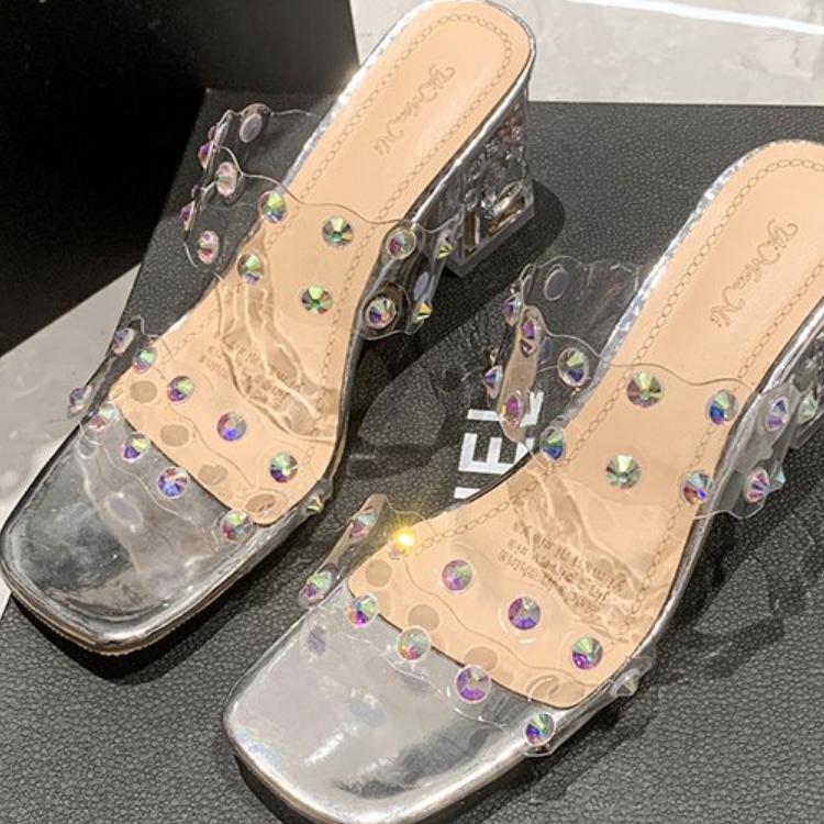 

Sandals Women's Sequin Sheer Slippers Fashion Square Heel High Heels Sliding Thick Mule Wedding Shoes Women, Gold