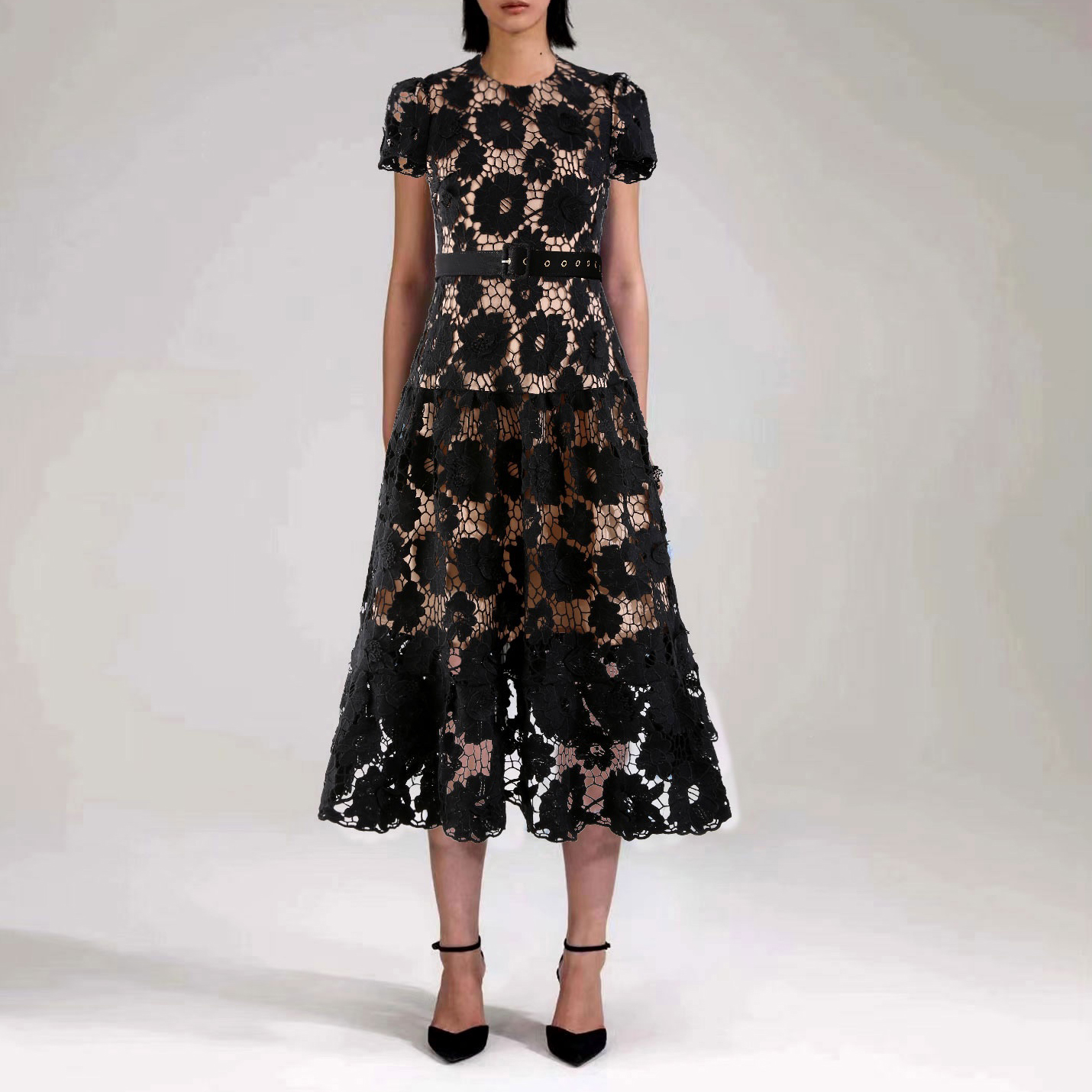 

fanncy dress crew neck puff sleeve lace hollow out gatered waist mid dress, Black