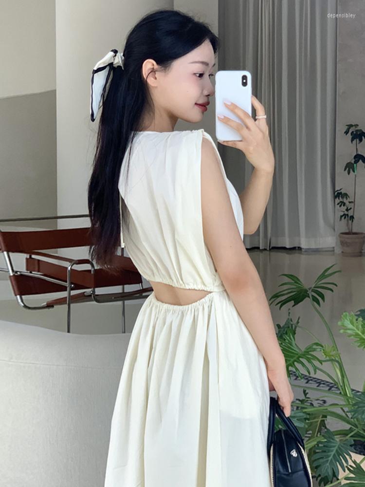 

Casual Dresses Back Hollowe Out Waist Vest Dress For Women Solid Color Pleated Sleeveless 2023 Summer Fashion Female Vestido H106, Apricot