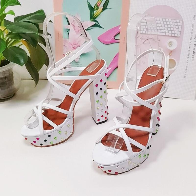

Sandals Summer Fashion Colored Diamond Thin Belt Thick Heel High Roman Sexy Party Dress Plus Size Custom Women, White