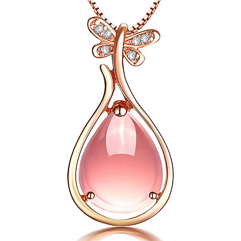

Pendant Necklaces Cute Crystal Pink Water Drop Flower Butterfly Necklace Girls Jewelry High Grade Rose Gold Choker Silver Plated