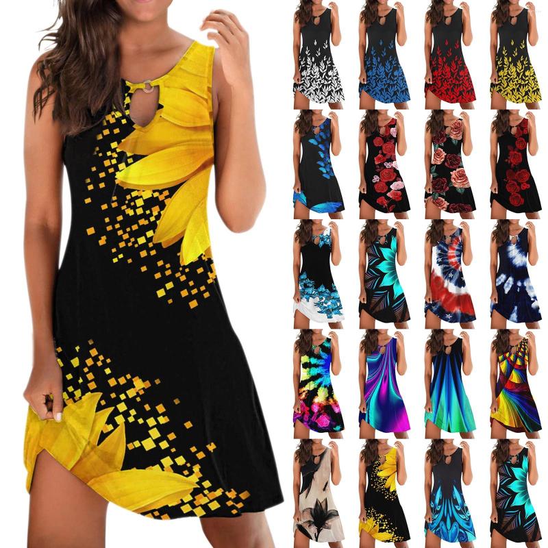 

Casual Dresses 2023 Elegant Summer Dress Women Sexy Mini Sleeveless Print Sundress Femme Loose Beach Mujer Vestidos Robe, Blue-a