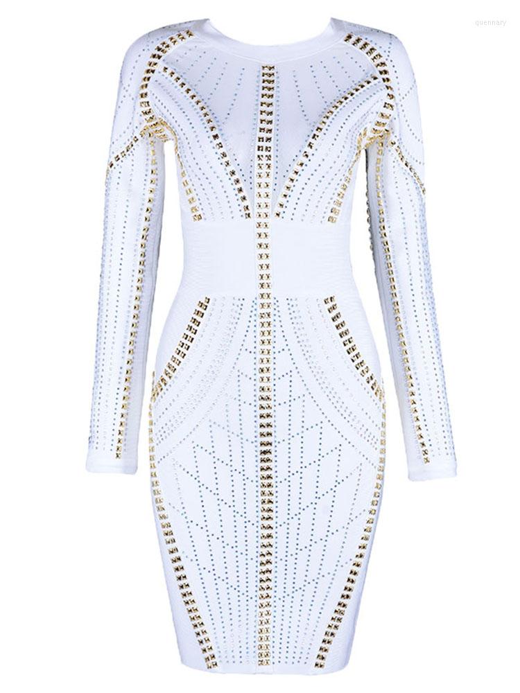 

Casual Dresses Beadings Mesh Patchwork Bandage Dress 2023 Fashion Long Sleeve Sexy Elegant Celebrity Party Club, White