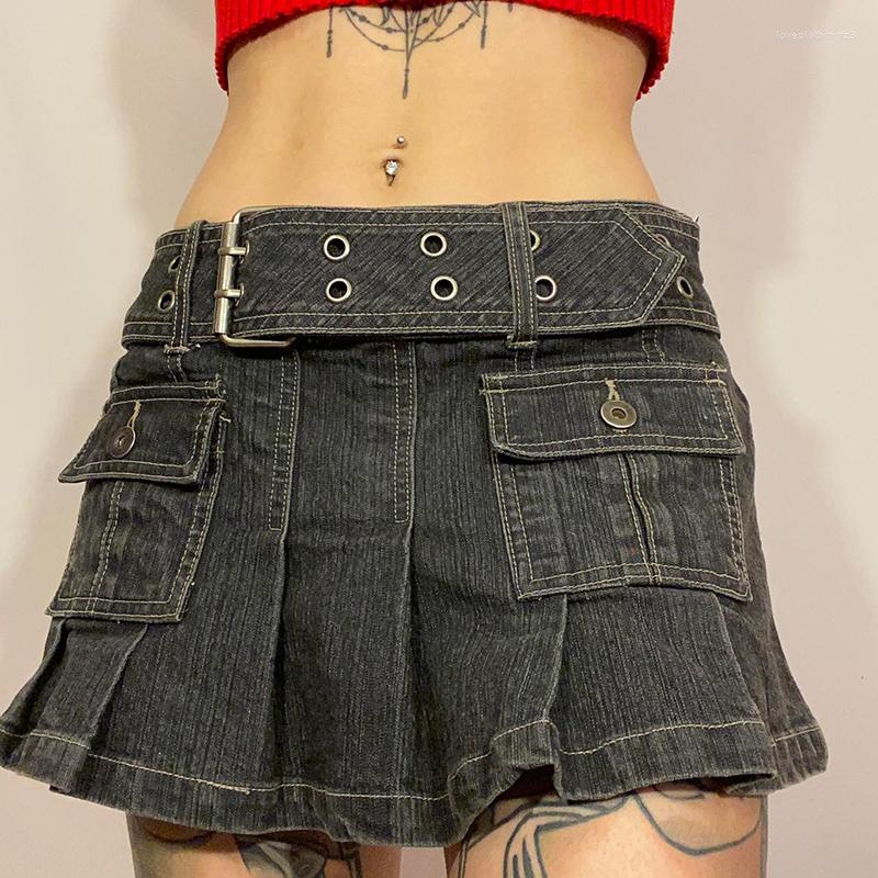 

Skirts Fashion Women's Sexy Mini Denim Skirt Solid Color Pleated Multi-pocket With Belt High Streetwear Y2k Spring Summer, Gray