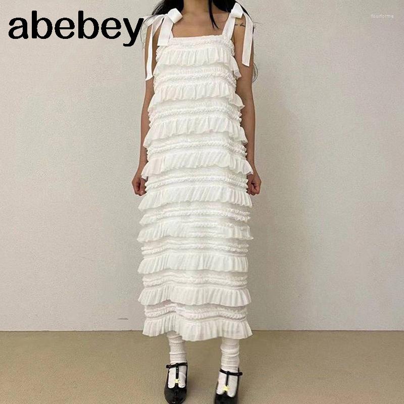 

Casual Dresses Summer Fashion Ruffles Straight Midi Long Sundresses Chic Strap Tie Up Street Dress Vestidos Trendy Robes, Black