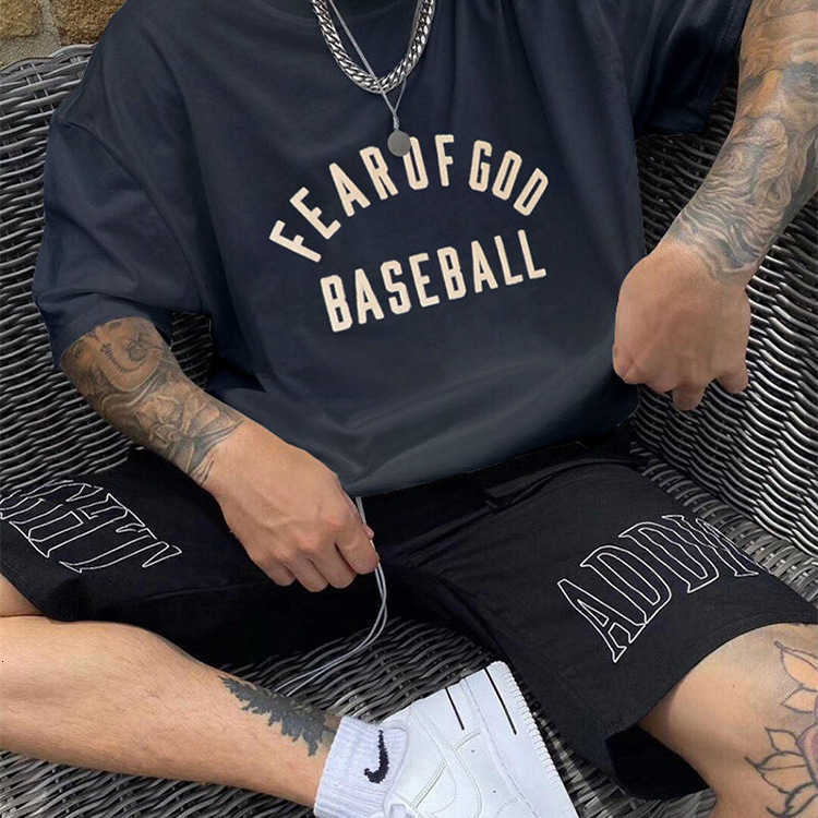 

Men' T-Shirts Fashion ESS Designer Feel of God Season 7 fog main line flocking letter print baseball high street short sleeve loose T-shirt, Cement white