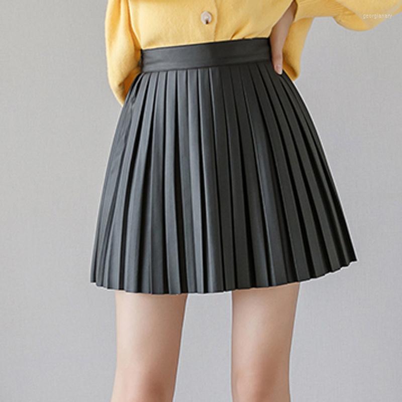 

Skirts 2023 Spring Summer Pleated Mini Skirt Women' Fashion Slim Female Streetwear High Waist PU Leather, Black