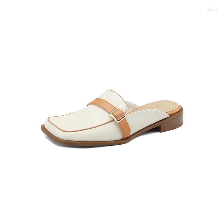 

Slippers Women's Muller Shoes In Spring And Summer Genuine Leather Metal Buckle Comfortable Heel Height 2.5cm Square Toes, Grey