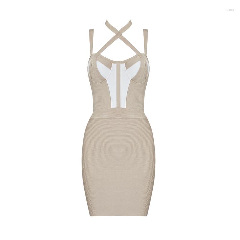 

Casual Dresses ! Summer Color Blocked Straps Halter Celebrity Party Style HL Bandage Dress For Sexy Ladies, Beige