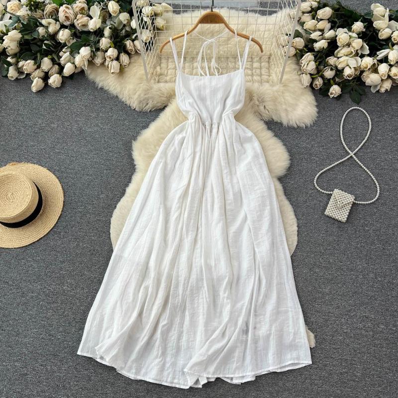 

Casual Dresses Summer French White Suspender Dress With Open Back And Niche Design Feel Waistband Long Skirt