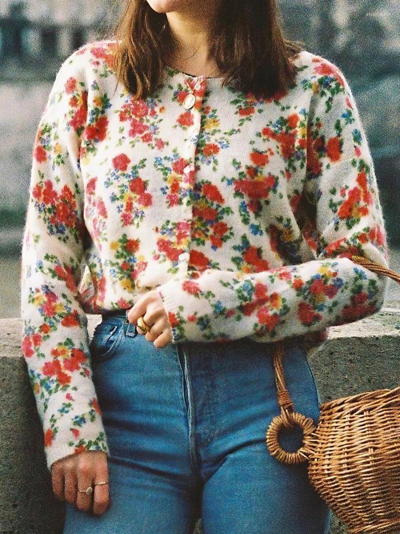 

Women' Knits Floral Printed Cardigan Tops Women Autumn Winter Single Breasted Kid Mohair Gilet Female Vintage Elegant Sweater Clothes 2023, Red