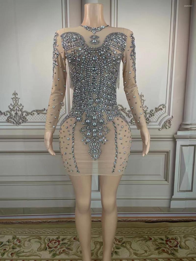 

Stage Wear Sexy Silver Stones Crystals Chains Transparent Dress Evening Celebrate See Through Birthday Party Performance, Picture