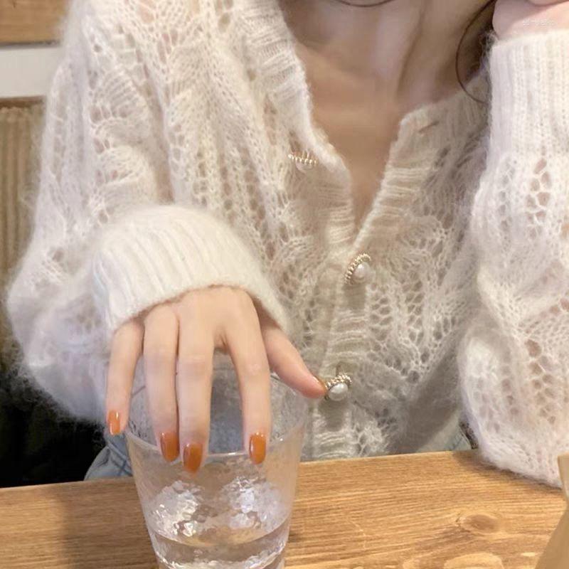 

Women's Knits Korean Fashion Women's Cardigan V-neck Short Knitted Sweaters Women Elegant Hollow Out All-match Leisure Simple Sexy Chic, White