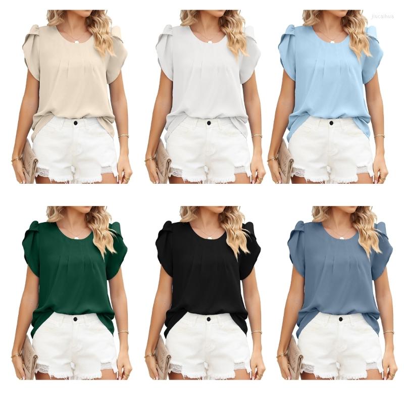 

Women' Blouses Women Petal Sleeve Tops Solid Crew Neck Short T-shirts Summer Casual Loose Plain Color Top Leisure Tshirts, For grey blue